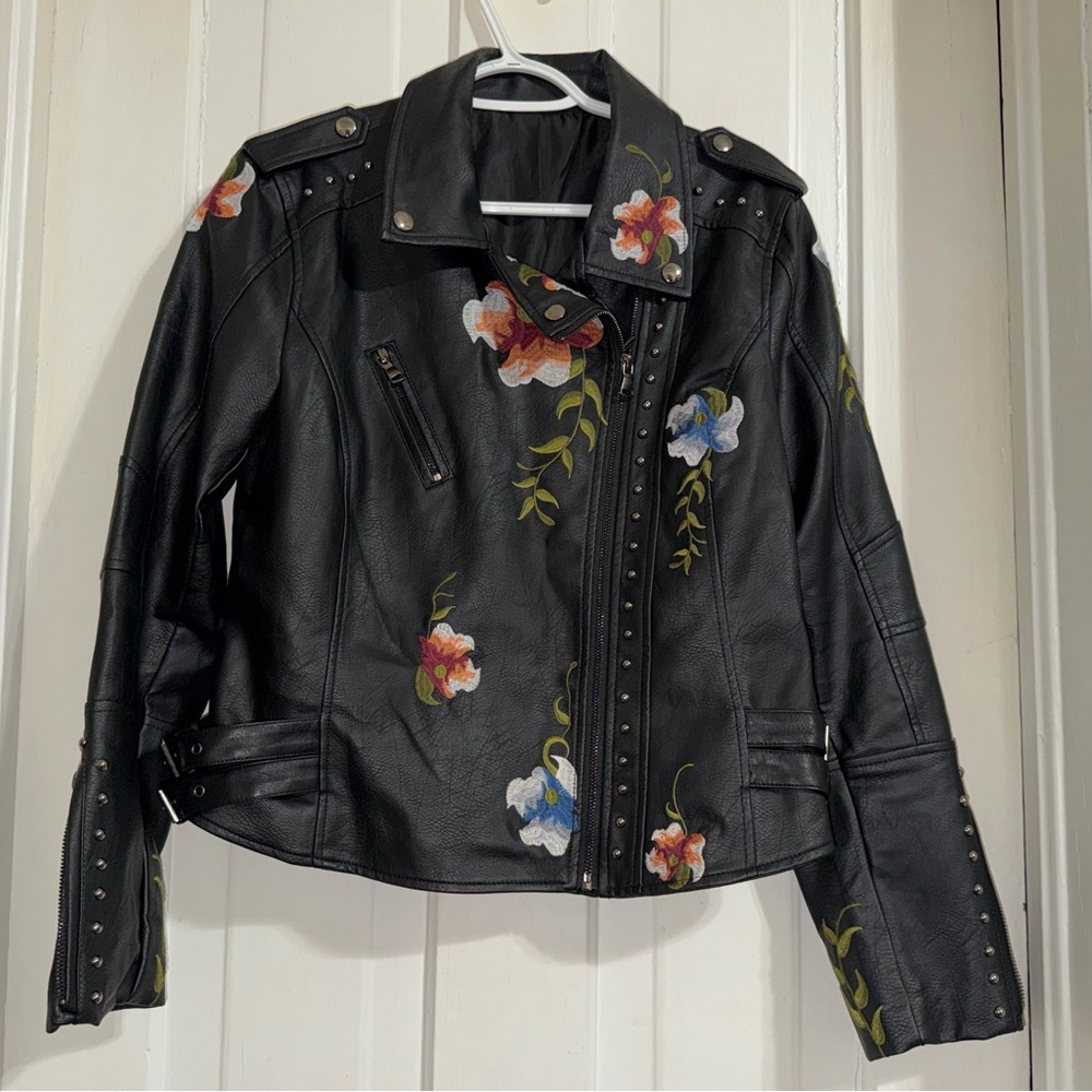 Boby Clothing COAT JACKET BLACK ZIP UP FAUX LEATHER XL embroidered flower studs‎